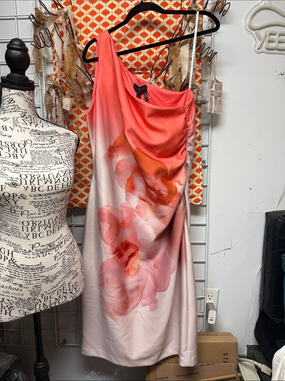 One-Shoulder Coral Pink Floral Satin Dress